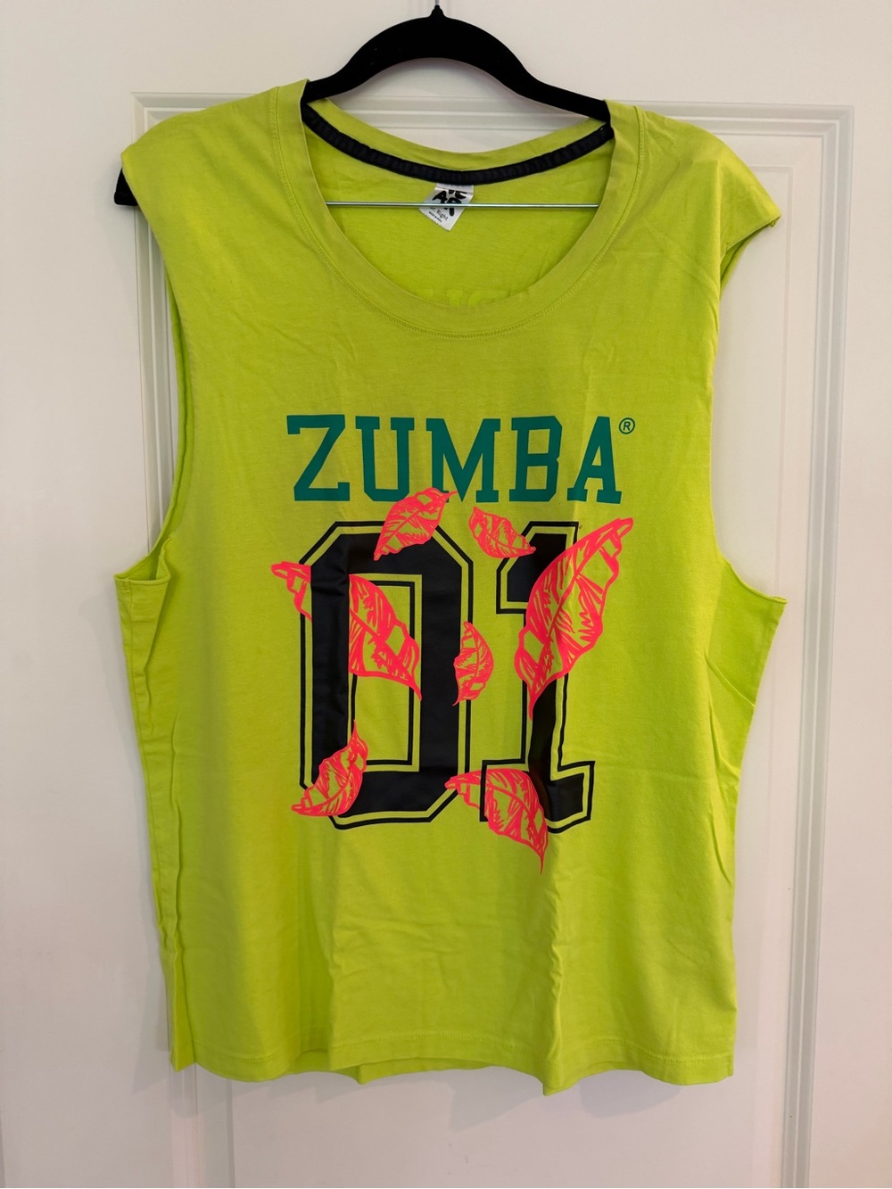 Zumba Fitness Neon Lime Muscle Tee with Pink Leaf Print